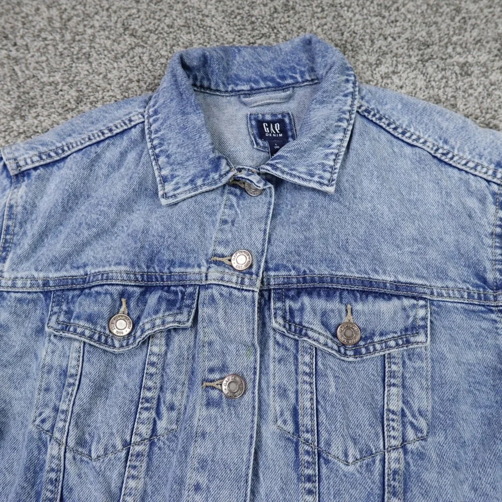 Gap Jacket Girls L Blue Jean Denim Flap Pocket Western Biker Trucker Bomber Coat